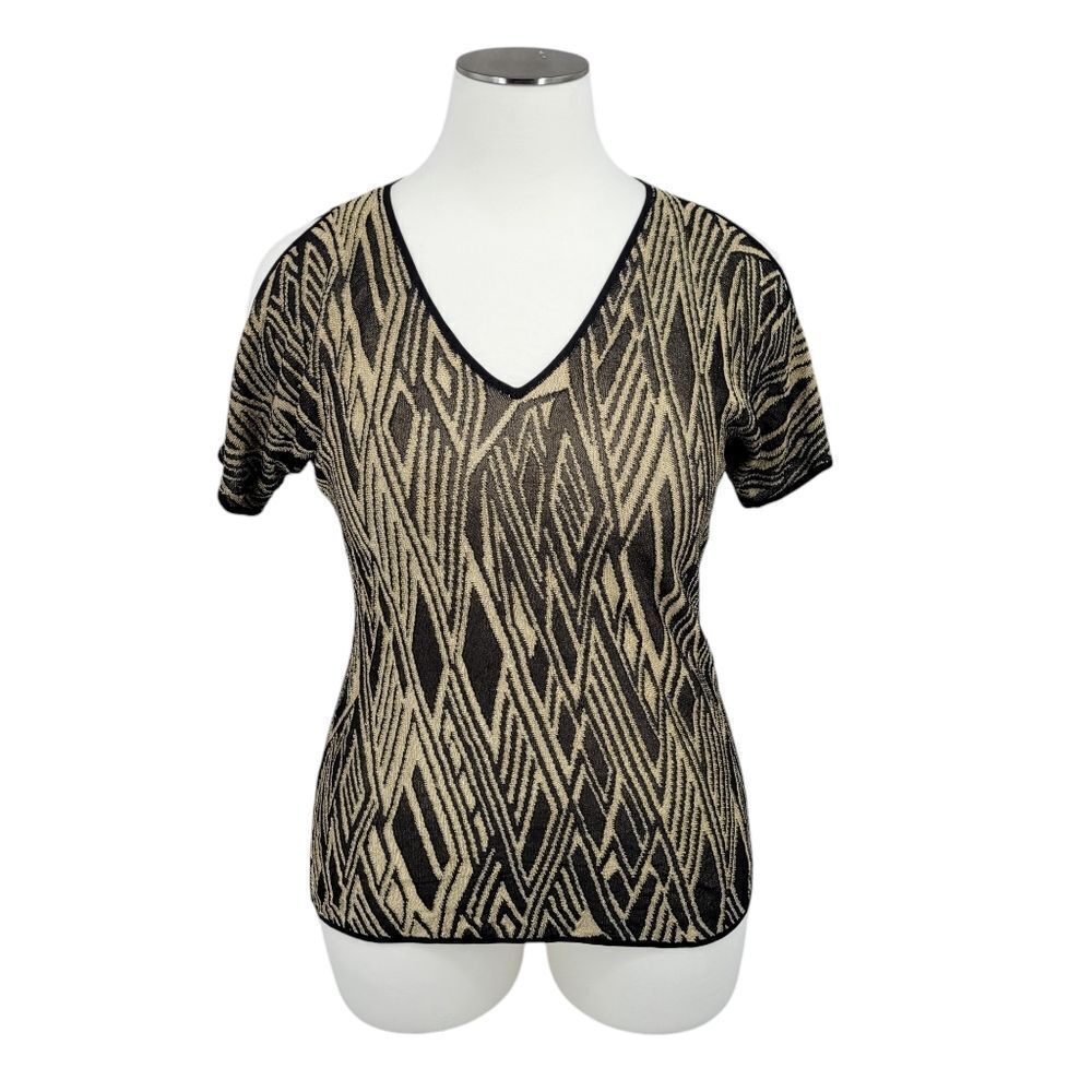 Lauren Ralph Lauren Black and Beige Geometric V-Neck Short Sleeve Top